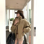 Women's Loose Stand-Collar Trench Jacket with Widening Sleeves - Khaki
