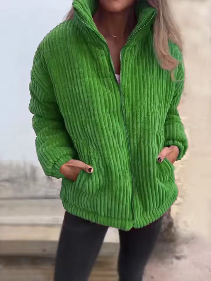 Women's Bold-Rib Corduroy Jacket with Elastic Gathered Cuffs - Green