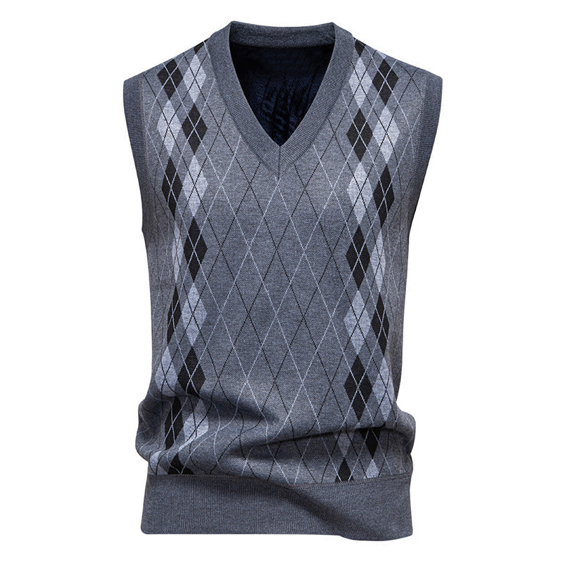 Men's Cotton-Blend Diamond-Knit Sleeveless Jumper with V-Neck - Mid Grey