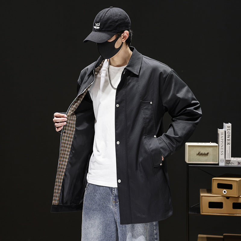 Men's Easy-Fit Beltless Longline Trench with Retro Lapels - Black