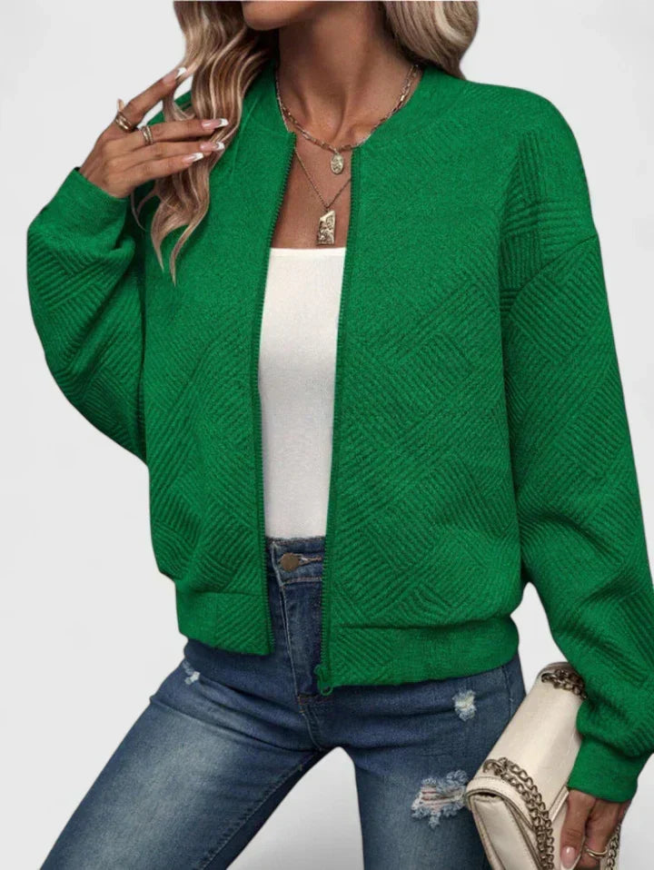 Women's Light Transitional Bomber with Patterned Surface - Green