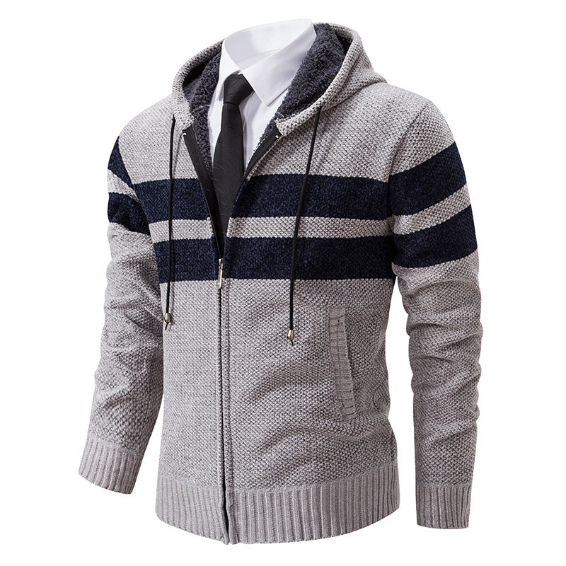 Men's Plush-Lined Knitted Zip Hoodie with Side Pockets