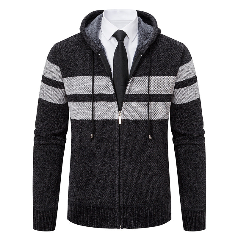 Men's Plush-Lined Knitted Zip Hoodie with Side Pockets
