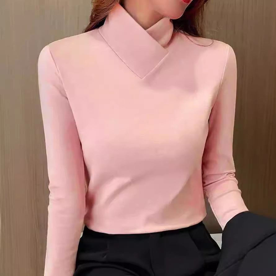 Women's Wrap-Collar Fitted Jumper in Cotton-Blend Knit - Pink