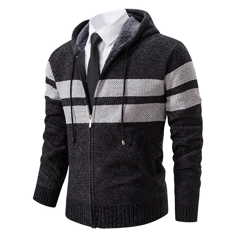 Men's Plush-Lined Knitted Zip Hoodie with Side Pockets