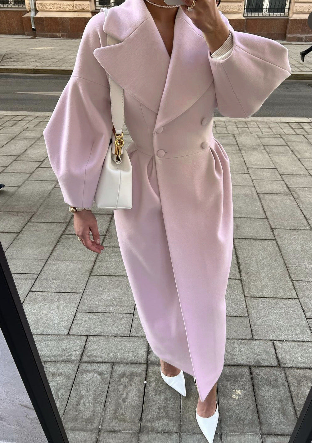 Women's Double-Breasted Wool Maxi Coat with Oversized Lapels - Light Pink