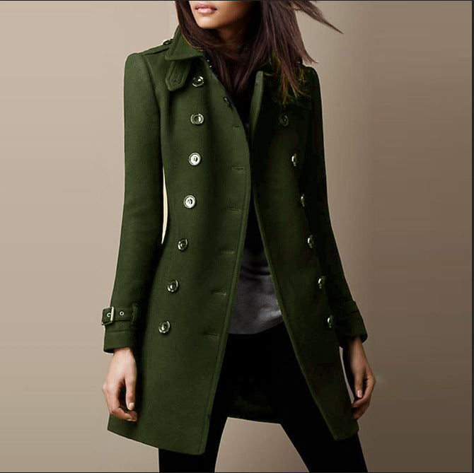 Women's Fitted Mid-Thigh Coat with Structured Shoulders - Olive Green
