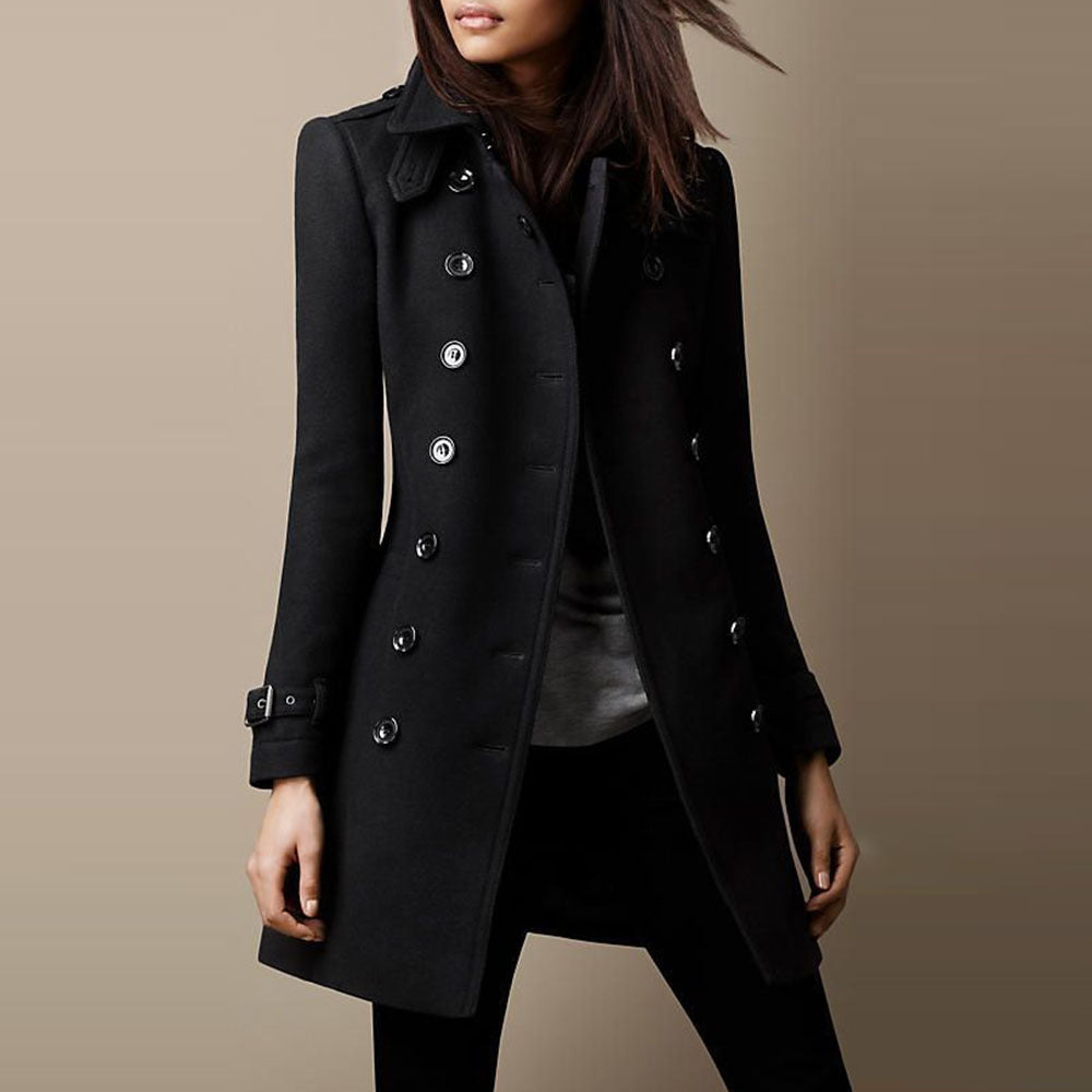 Women's Fitted Mid-Thigh Coat with Structured Shoulders - Black