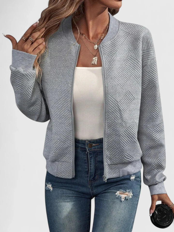 Women's Light Transitional Bomber with Patterned Surface - Grey