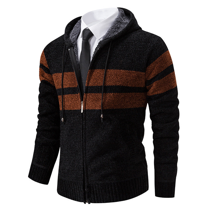 Men's Plush-Lined Knitted Zip Hoodie with Side Pockets