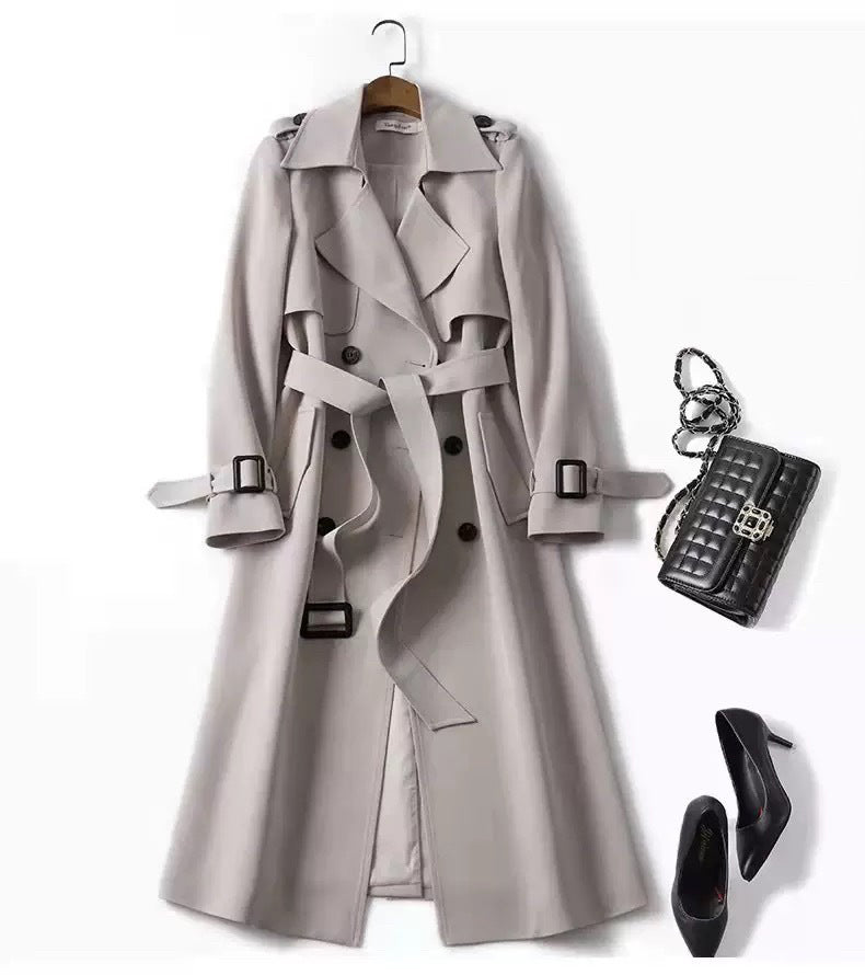 Women's Heritage Check Slim Trench Coat with Two Button Rows - Grey