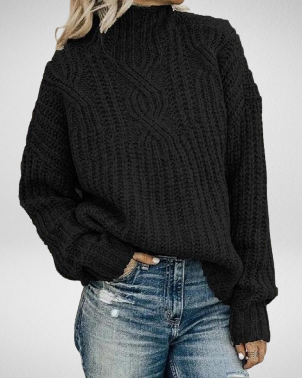 Women's Cable-Knit Funnel Neck Jumper in Acrylic Cotton Blend - Black