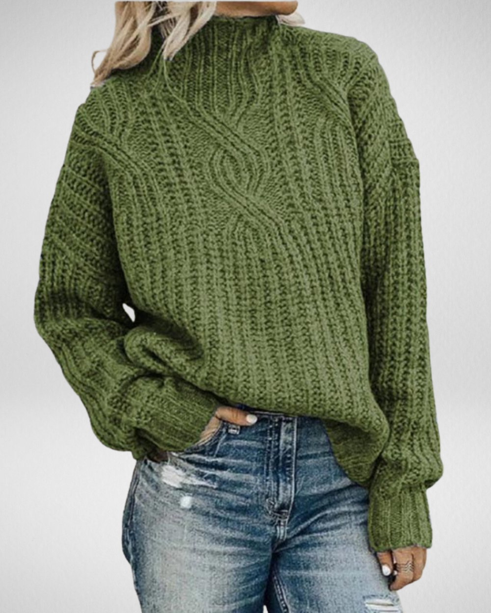 Women's Cable-Knit Funnel Neck Jumper in Acrylic Cotton Blend - Olive Green