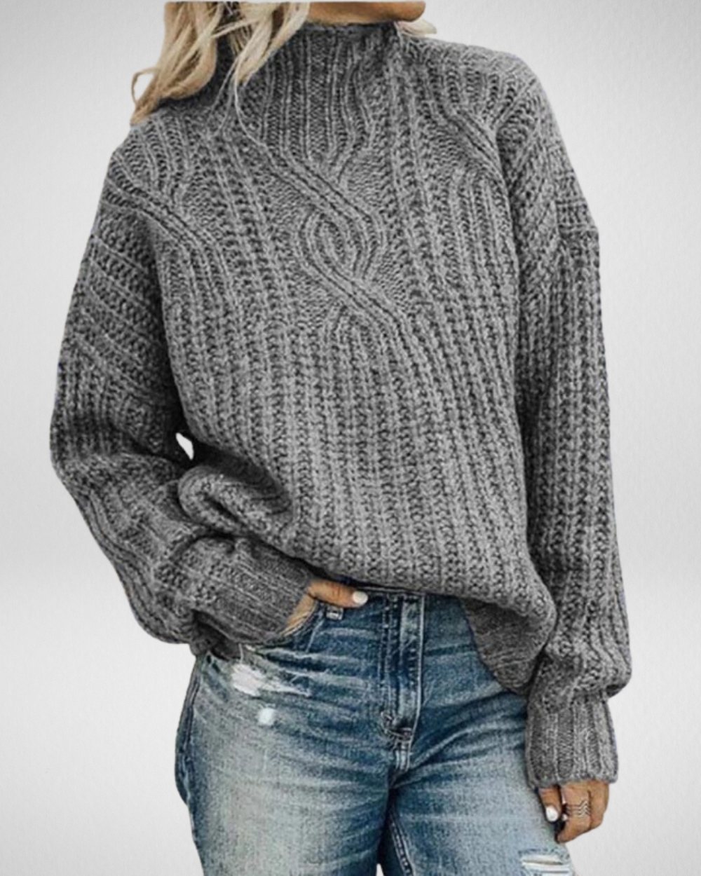 Women's Cable-Knit Funnel Neck Jumper in Acrylic Cotton Blend - Grey