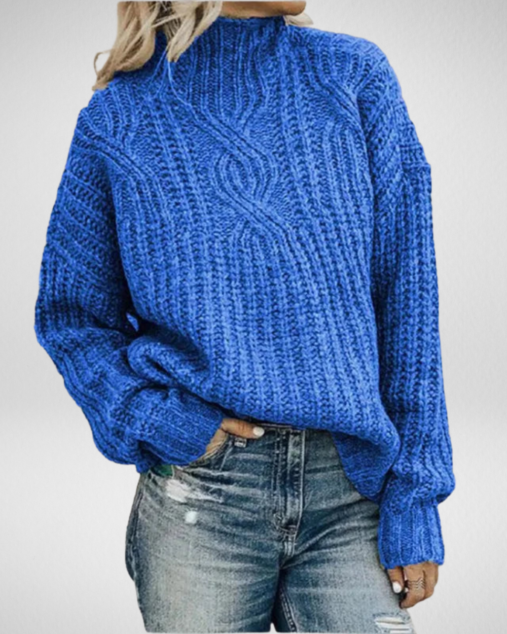 Women's Cable-Knit Funnel Neck Jumper in Acrylic Cotton Blend - Dark Blue