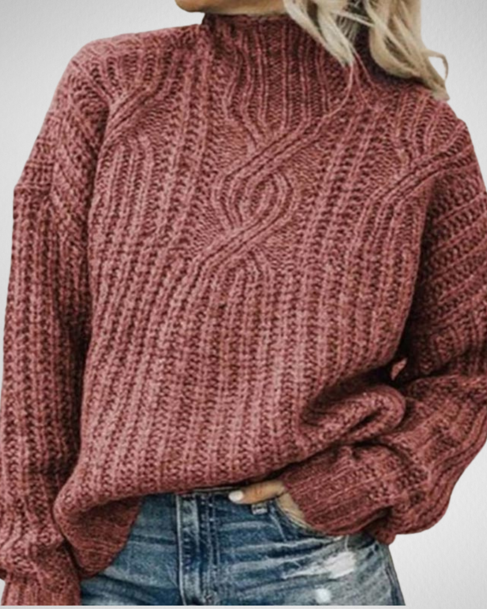 Women's Cable-Knit Funnel Neck Jumper in Acrylic Cotton Blend - Red
