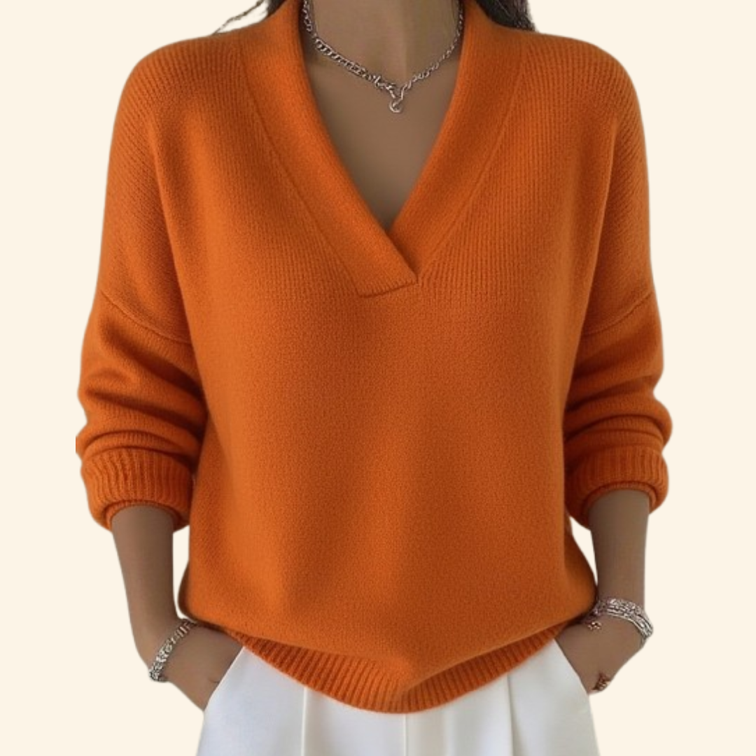 Women's Relaxed-Fit Soft V-Neck Jumper for Everyday Wear - Orange