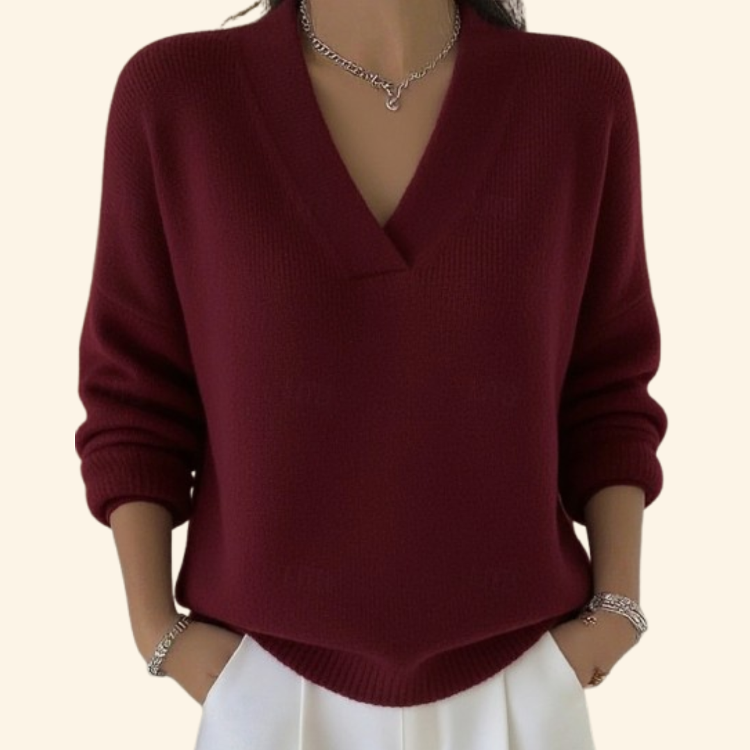 Women's Relaxed-Fit Soft V-Neck Jumper for Everyday Wear - Red