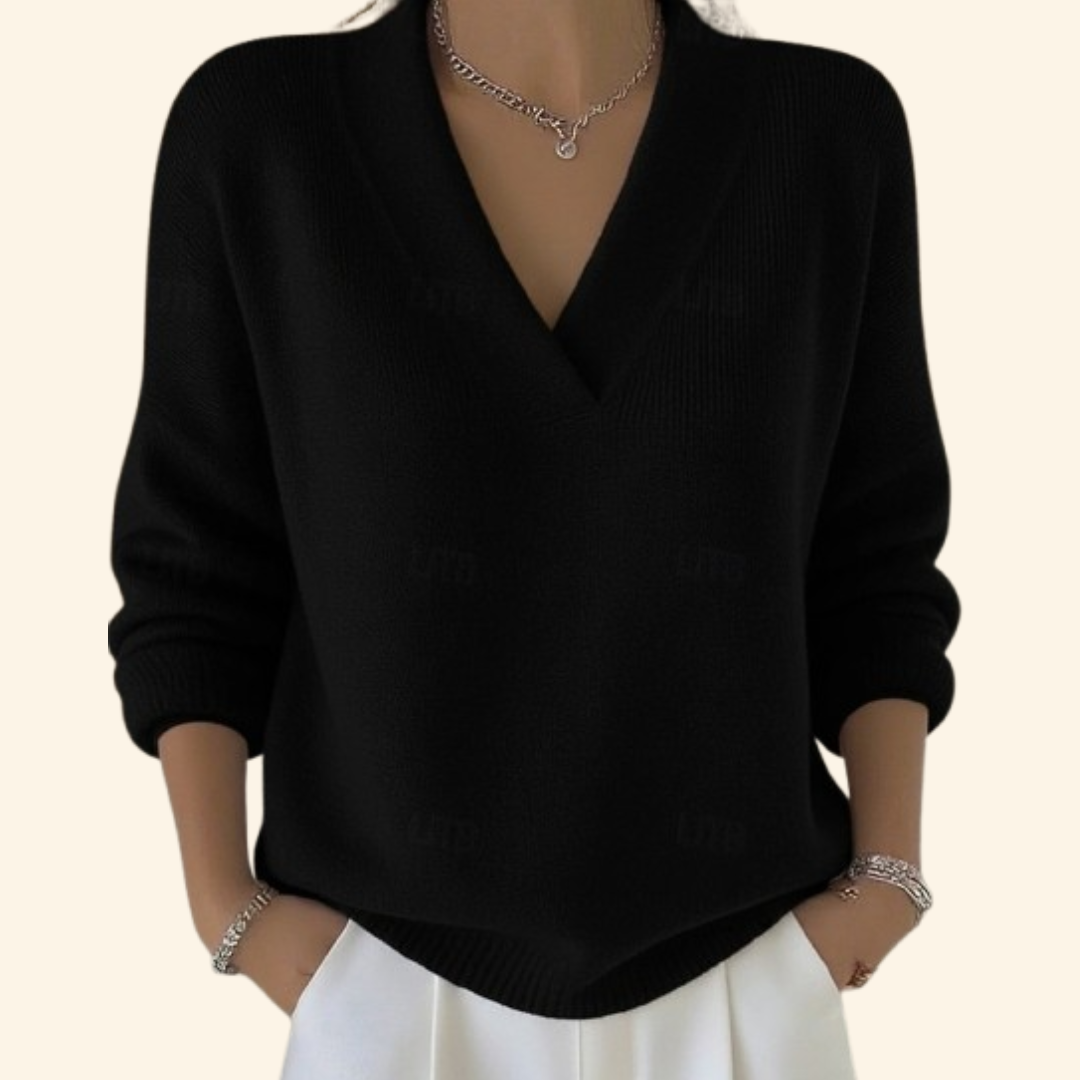 Women's Relaxed-Fit Soft V-Neck Jumper for Everyday Wear - Black