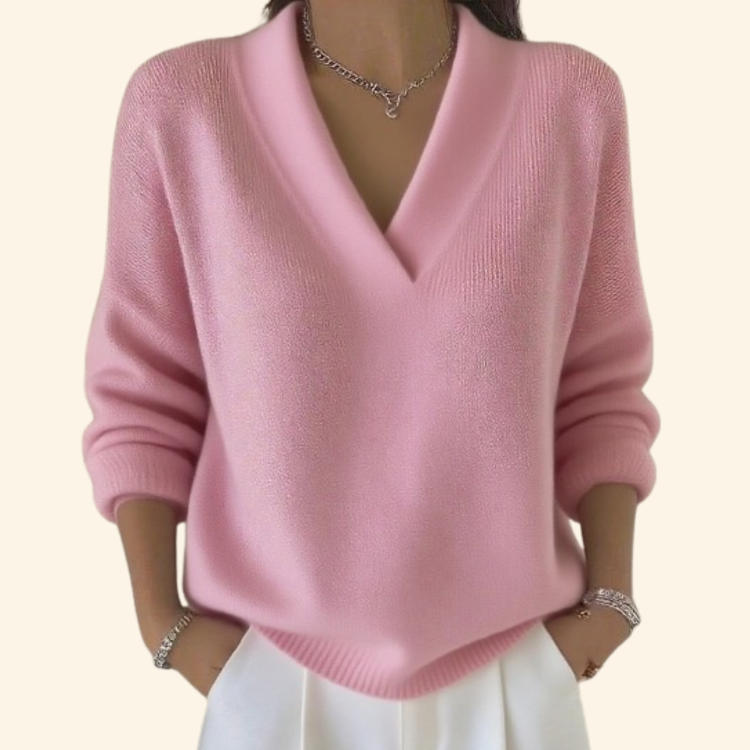 Women's Relaxed-Fit Soft V-Neck Jumper for Everyday Wear - Pink