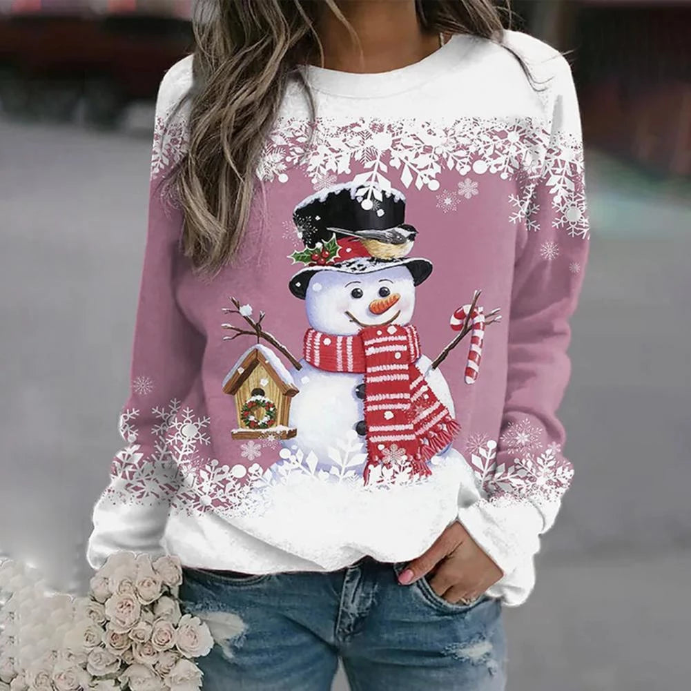 Women's Midweight Knit Christmas Jumper with Snowman Motif - Pink