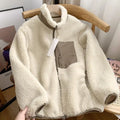 Women's Contrast-Pocket Borg Fleece Jacket with Stand-Up Collar - Beige