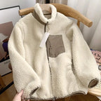 Women's Contrast-Pocket Borg Fleece Jacket with Stand-Up Collar - Beige
