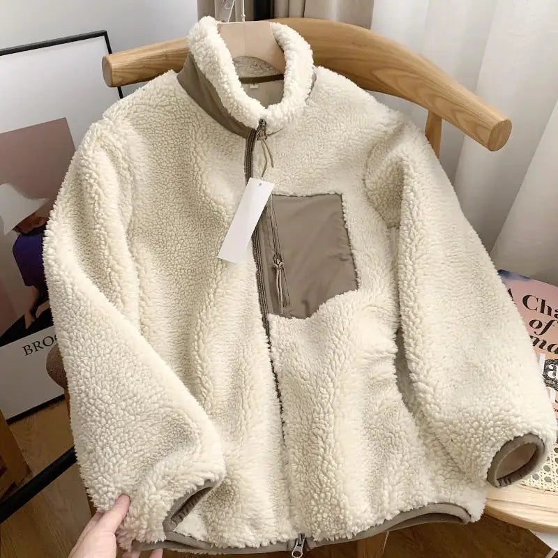 Women's Contrast-Pocket Borg Fleece Jacket with Stand-Up Collar - Beige