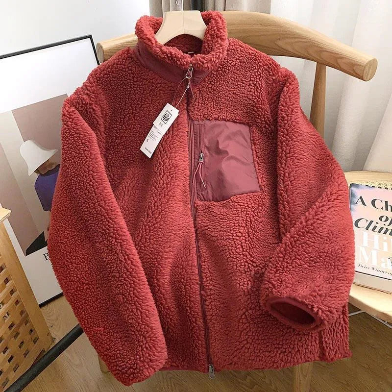 Women's Contrast-Pocket Borg Fleece Jacket with Stand-Up Collar - Red
