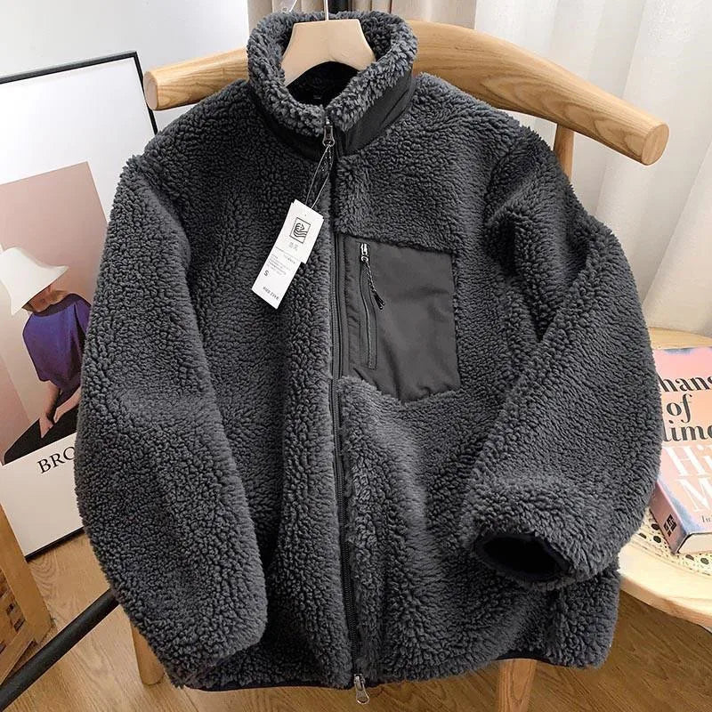 Women's Contrast-Pocket Borg Fleece Jacket with Stand-Up Collar - Dark Grey