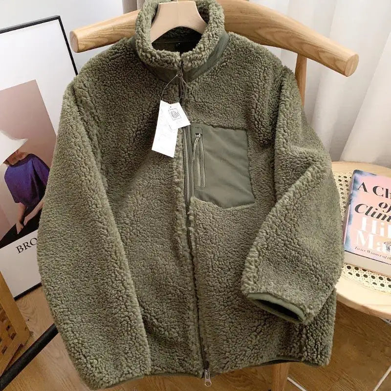 Women's Contrast-Pocket Borg Fleece Jacket with Stand-Up Collar - Olive Green