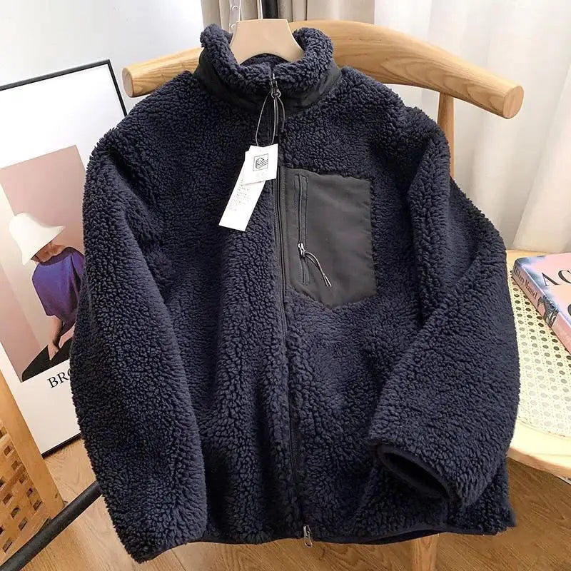 Women's Contrast-Pocket Borg Fleece Jacket with Stand-Up Collar - Navy Blue