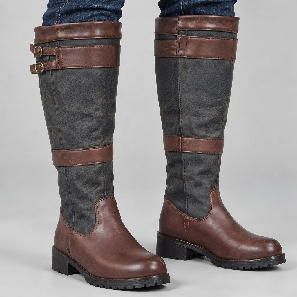 Women's Breathable Waterproof-Lined Country Boots with Two Buckles - Coffee