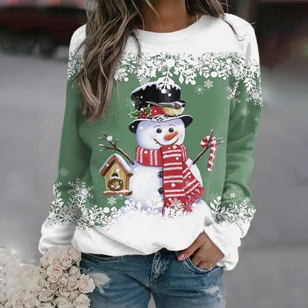 Women's Midweight Knit Christmas Jumper with Snowman Motif - Green