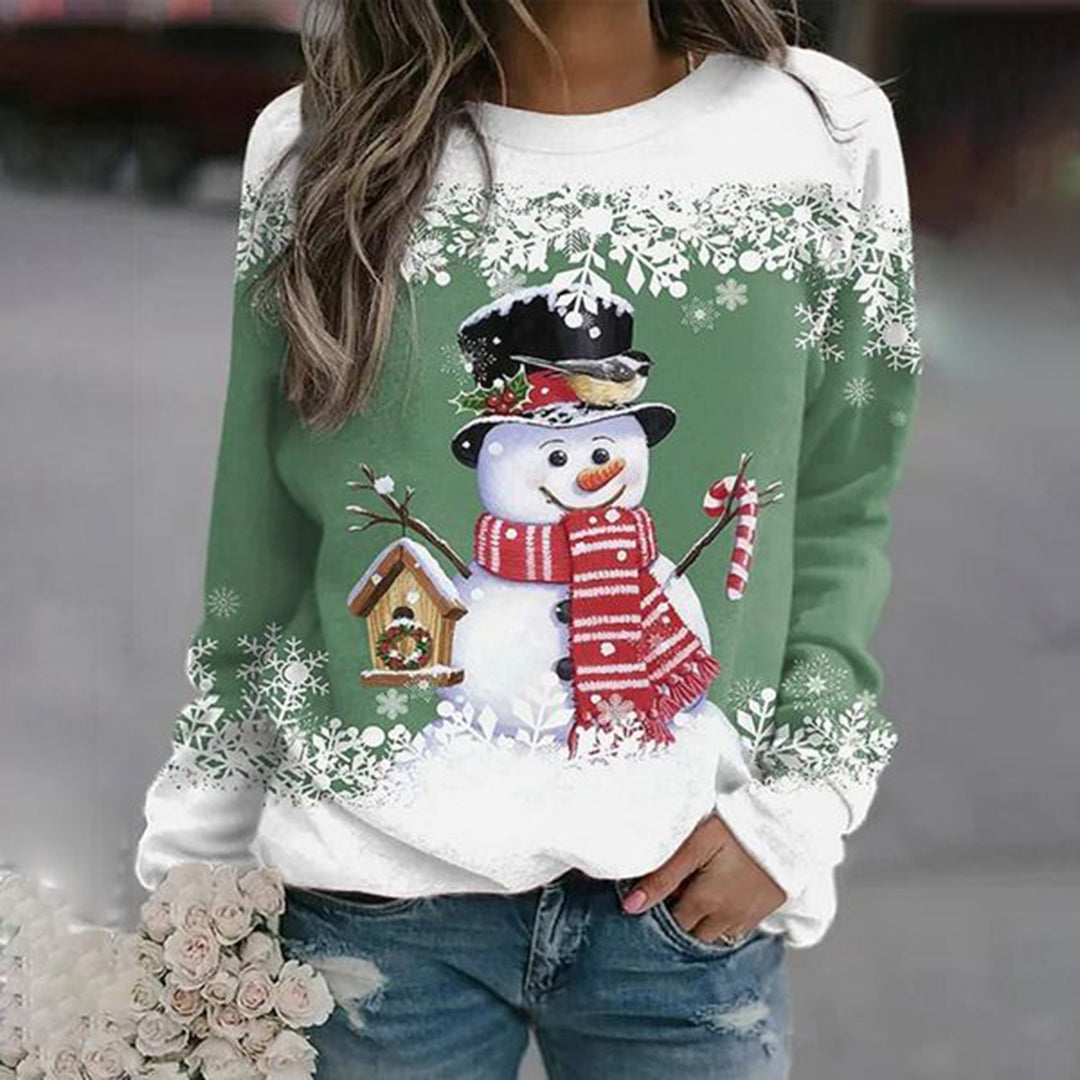 Women's Midweight Knit Christmas Jumper with Snowman Motif - Green