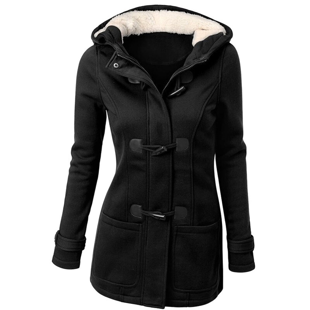 Women's Lined-Hood Toggle Jacket with Oversized Front Pockets - Black