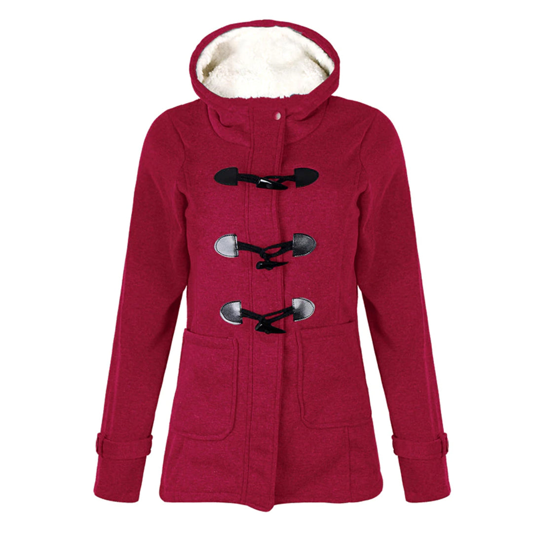 Women's Lined-Hood Toggle Jacket with Oversized Front Pockets - Red