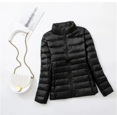 Women's Channel-Quilted Hip-Length Puffer with Pockets - Black