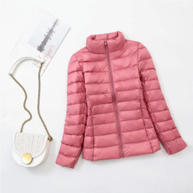 Women's Channel-Quilted Hip-Length Puffer with Pockets - Pink