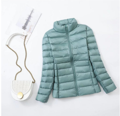 Women's Channel-Quilted Hip-Length Puffer with Pockets - Light Green