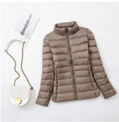 Women's Channel-Quilted Hip-Length Puffer with Pockets - Taupe