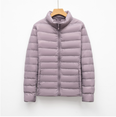 Women's Channel-Quilted Hip-Length Puffer with Pockets - Light Purple