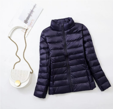 Women's Channel-Quilted Hip-Length Puffer with Pockets - Navy Blue