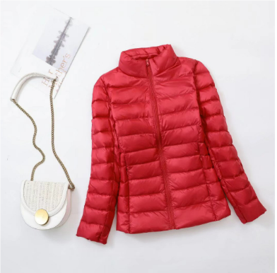 Women's Channel-Quilted Hip-Length Puffer with Pockets - Red