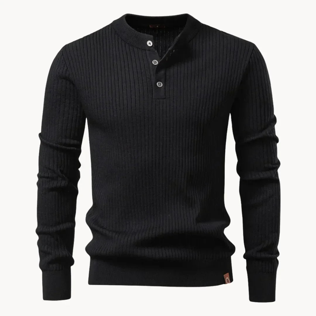 Men's Slim Henley Rib-Knit Jumper for Dinners Out - Black