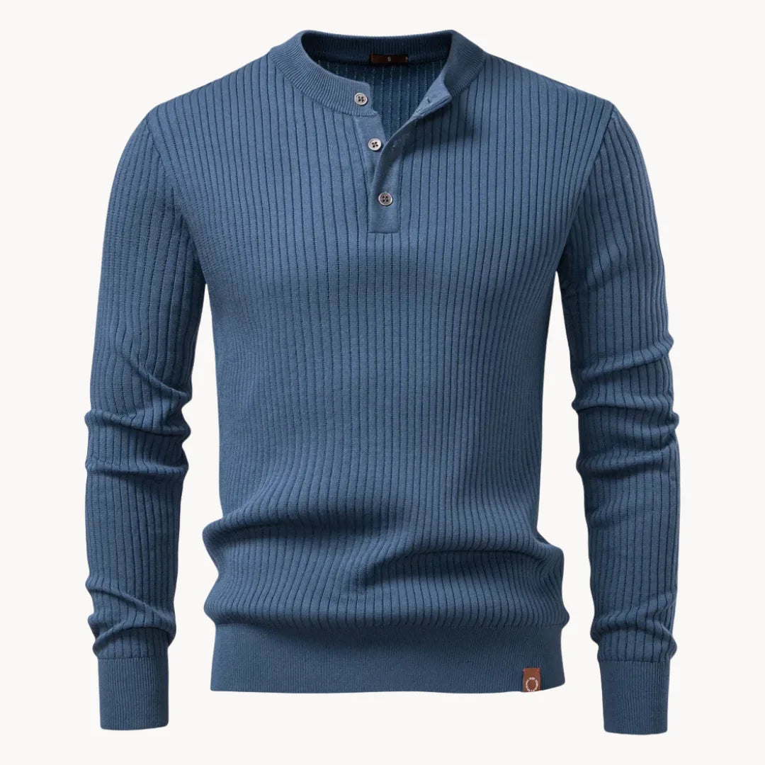 Men's Slim Henley Rib-Knit Jumper for Dinners Out - Blue