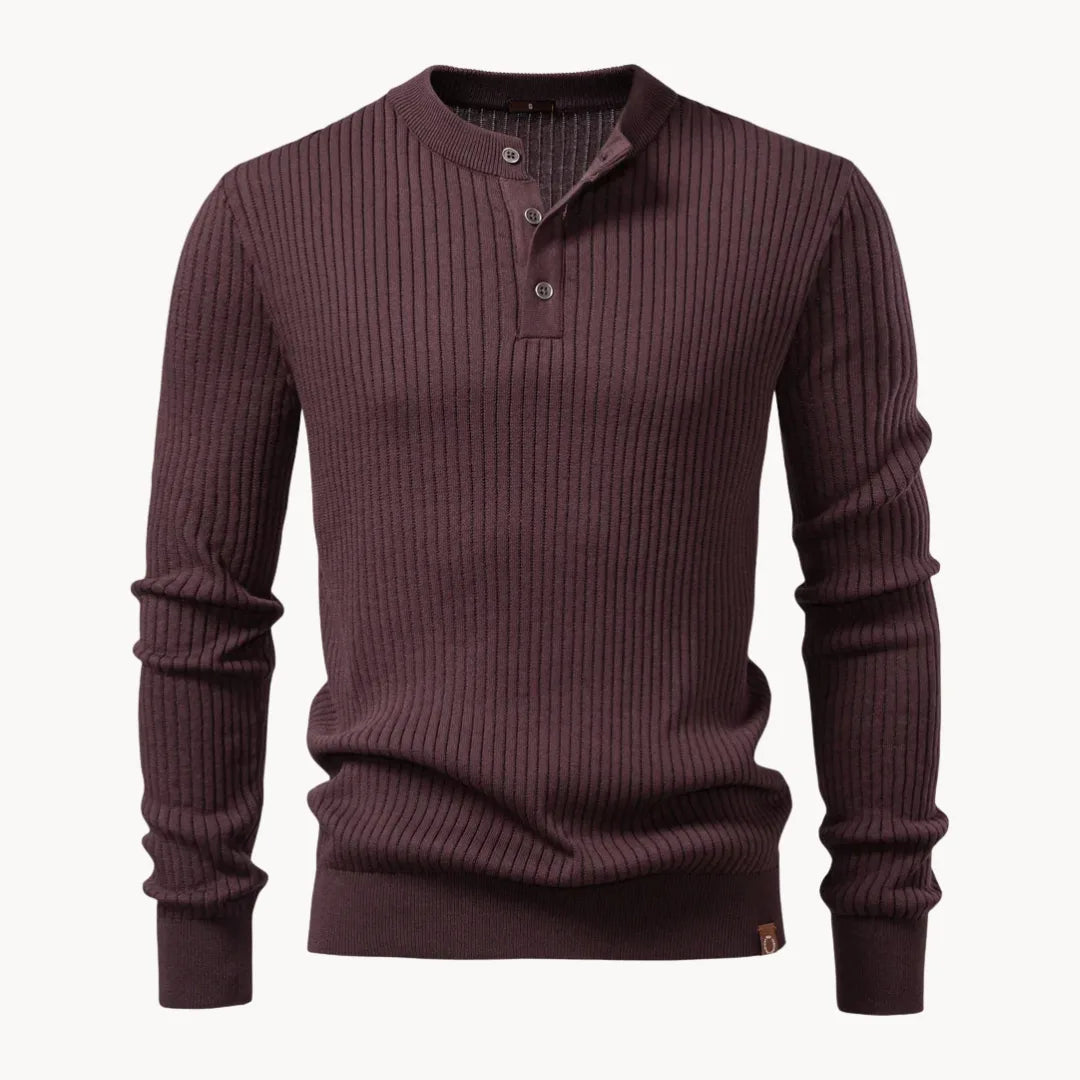 Men's Slim Henley Rib-Knit Jumper for Dinners Out - Dark Brown