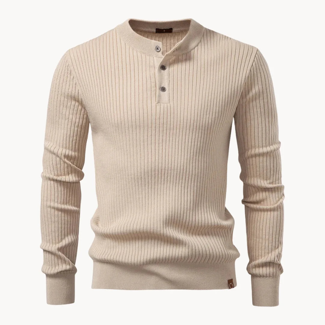 Men's Slim Henley Rib-Knit Jumper for Dinners Out - Beige