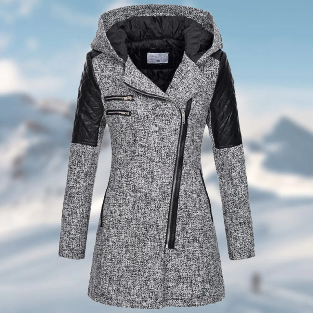 Women's Longline Textured Winter Coat with Wide Hood and Zip Detail - Grey