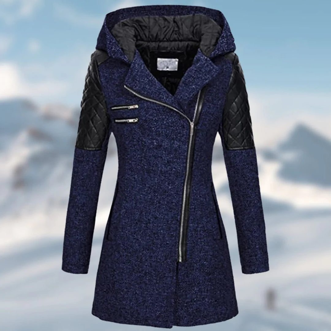 Women's Longline Textured Winter Coat with Wide Hood and Zip Detail - Navy Blue